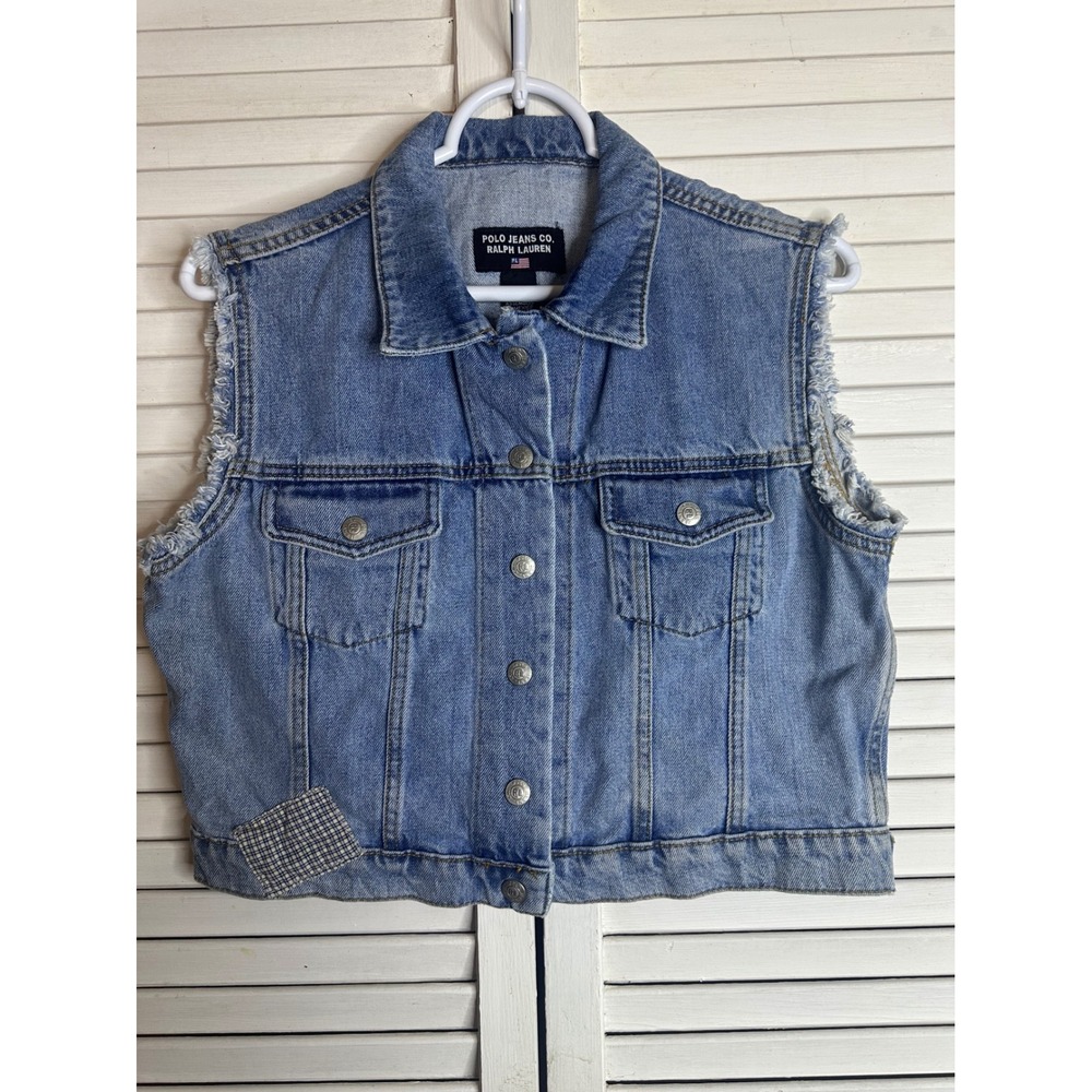 Vintage Polo Jeans Co. Ralph Lauren Blue Denim Vest Frayed Patch Cropped Med